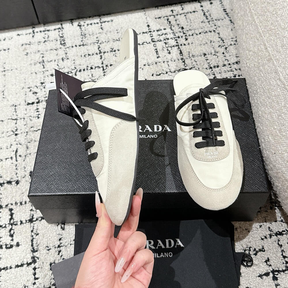 PRADA Collapse Re-Nylon and suede mules